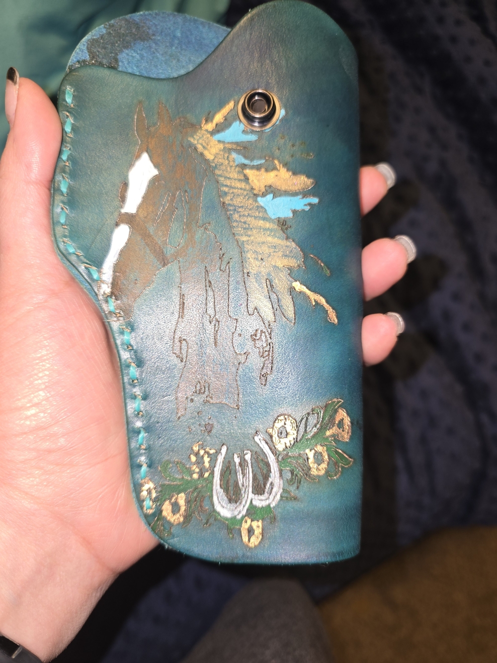 Teal Hand-Painted Leather Holster with Horse Motif